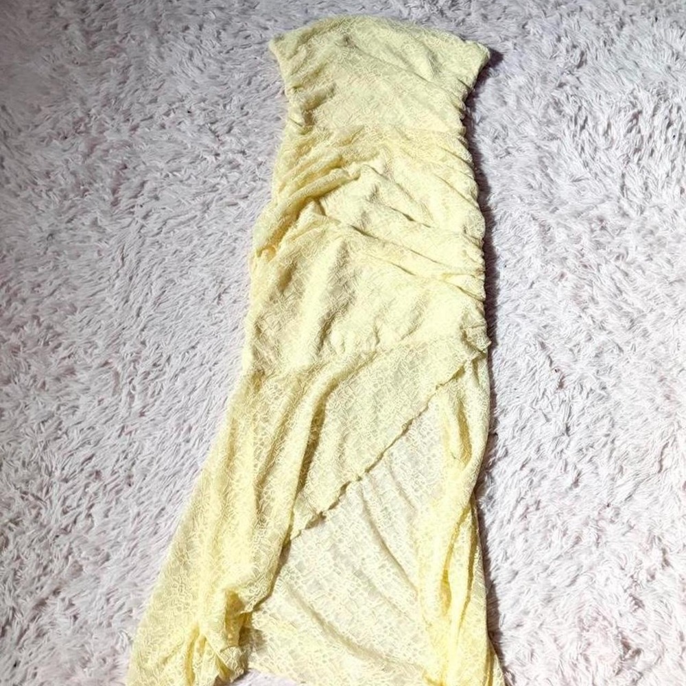 Butter‎ Yellow Lace Ruched Asymmetrical High Low Romantic Fairy Dress Womens M